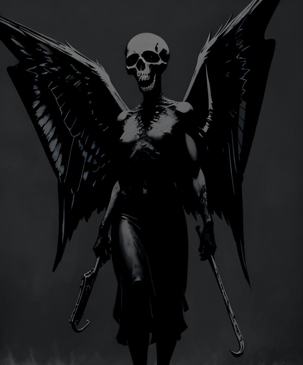 horror \(theme\), monochrome, greyscale, dark, no humans, monster, solo, simple background, wings, black background, skull, <lora:morbid_darkness_v2-08:1>