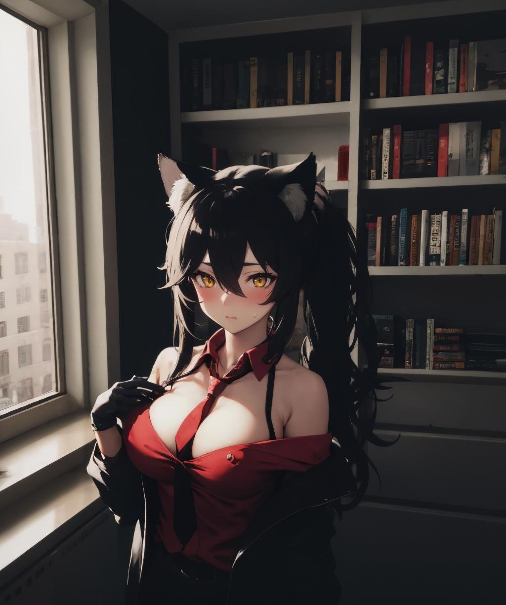 dark theme, masterpiece, best quality, absurdres, detailed, ultra-detailed, 1girl, solo, long hair, looking at viewer, blush, large breasts, shirt, black hair, gloves, long sleeves, animal ears, cleavage, hair between eyes, brown eyes, jacket, yellow eyes, upper body, ponytail, open clothes, necktie, collared shirt, indoors, off shoulder, sweatdrop, animal ear fluff, book, wolf ears, red shirt, black necktie, red gloves, wolf girl, bookshelf, striped necktie, green necktie, shelf, button gap, cameo, <lora:fictional-cosmetics-10:1>, <lora:LowRA:0.4>