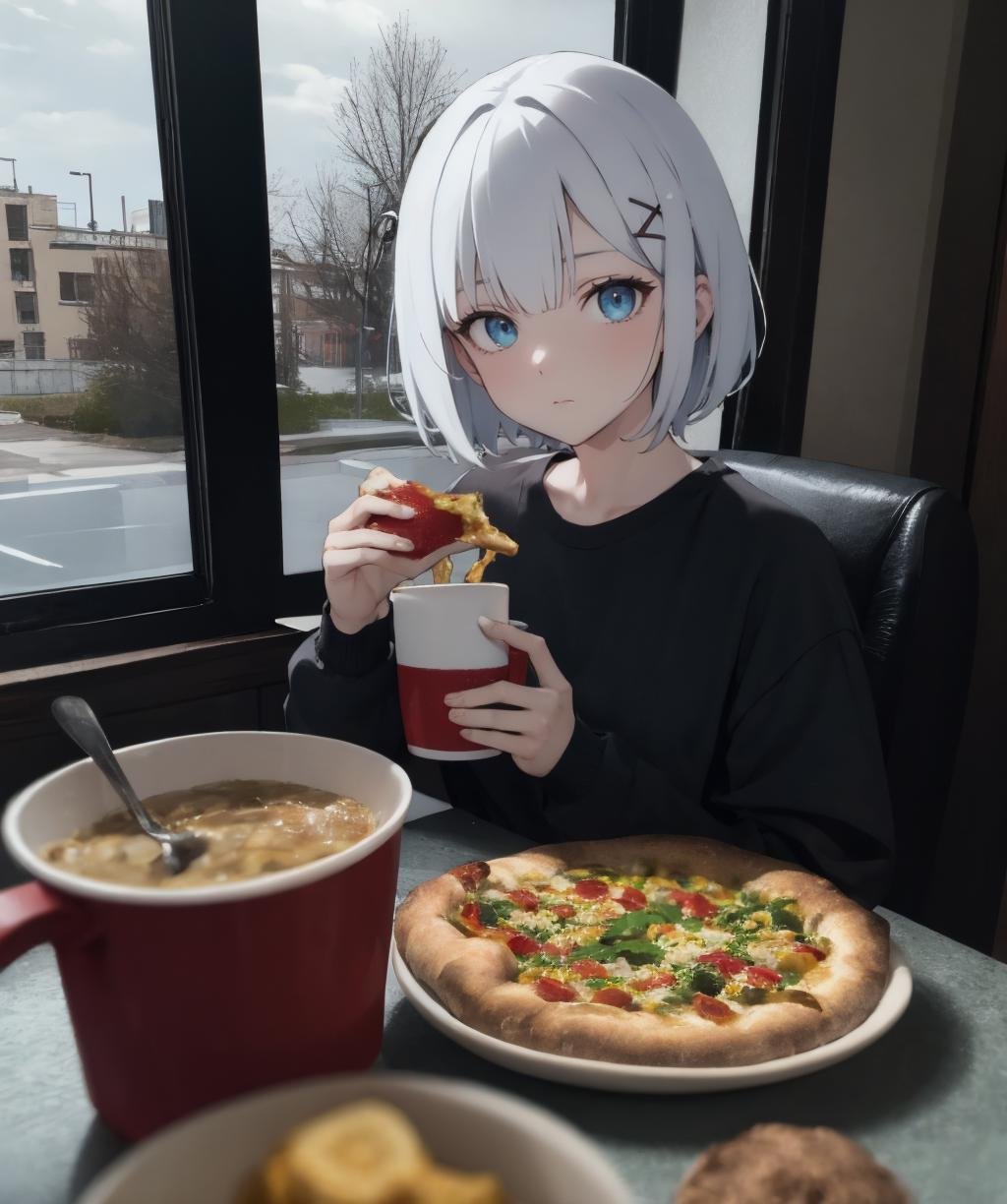 dark theme, masterpiece, best quality, absurdres, detailed, ultra-detailed,1girl, solo, looking at viewer, short hair, blue eyes, shirt, hair ornament, holding, closed mouth, white hair, food, hairclip, indoors, blurry, cup, table, holding food, blue shirt, x hair ornament, photo background, pizza, holding pizza, <lora:fictional-cosmetics-10:0.8>, <lora:LowRA:0.4>