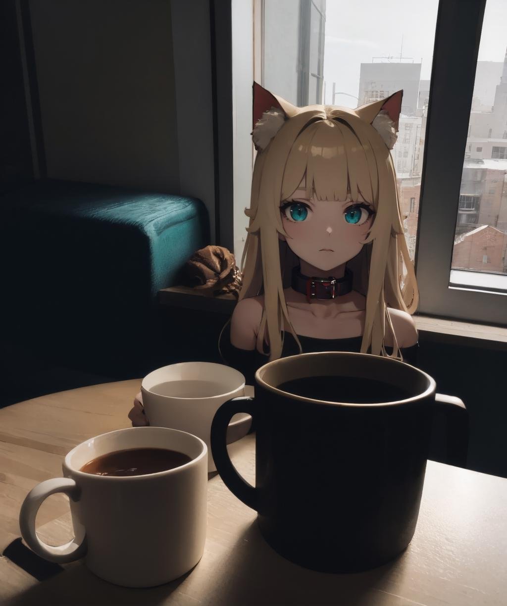 dark theme, masterpiece, best quality, absurdres, detailed, ultra-detailed, 1girl, solo, long hair, blonde hair, shirt, animal ears, green eyes, indoors, cat ears, blunt bangs, collar, aqua eyes, cup, animal ear fluff, cat, cat girl, mug, red collar, animal collar, reference inset, photo inset, <lora:fictional-cosmetics-10:1>, <lora:LowRA:0.4>