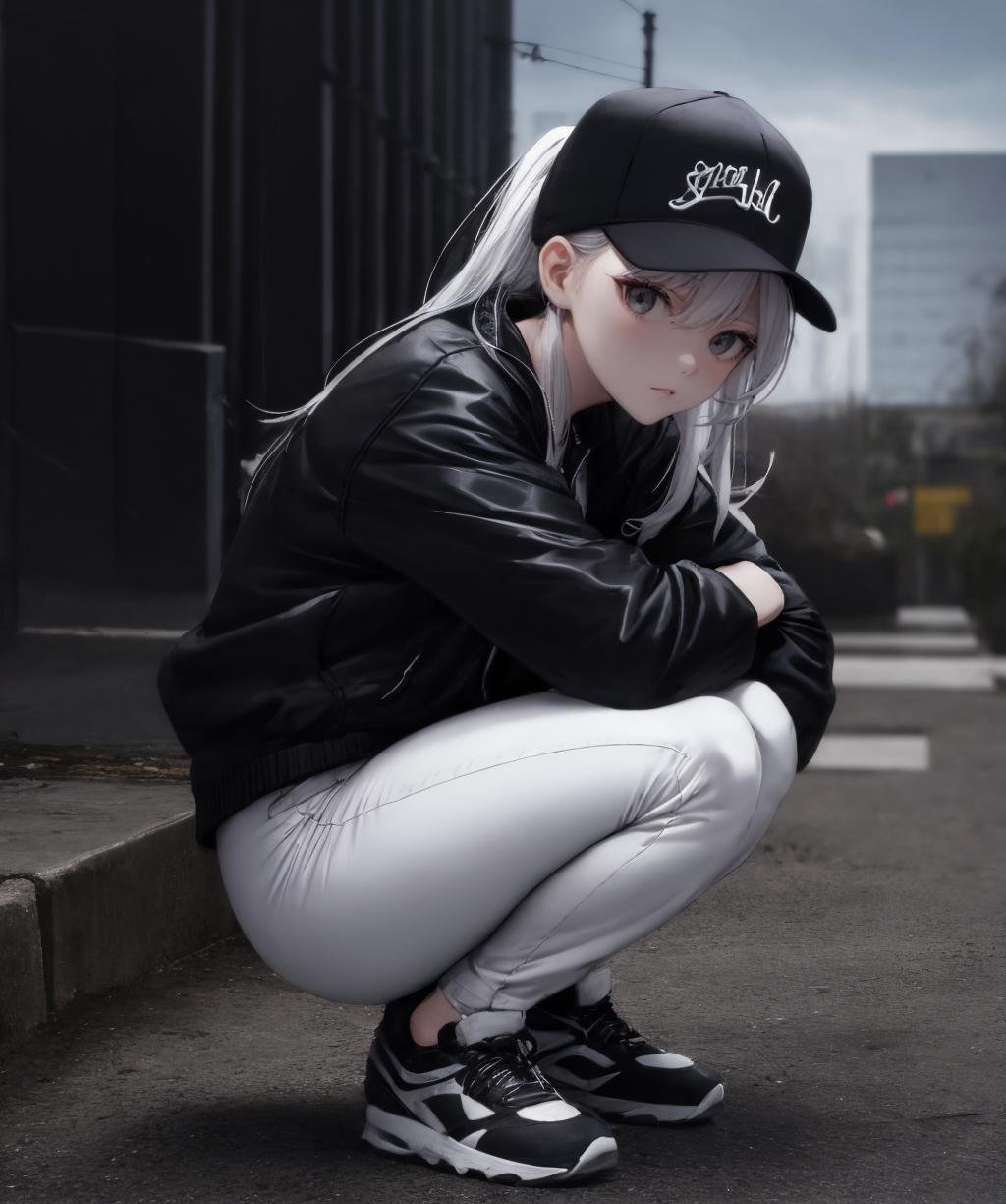 dark theme, masterpiece, best quality, absurdres, detailed, ultra-detailed, 1girl, solo, long hair, looking at viewer, long sleeves, hat, jacket, white hair, shoes, pants, black headwear, black pants, squatting, sneakers, baseball cap, <lora:fictional-cosmetics-10:0.8>, <lora:LowRA:0.4>