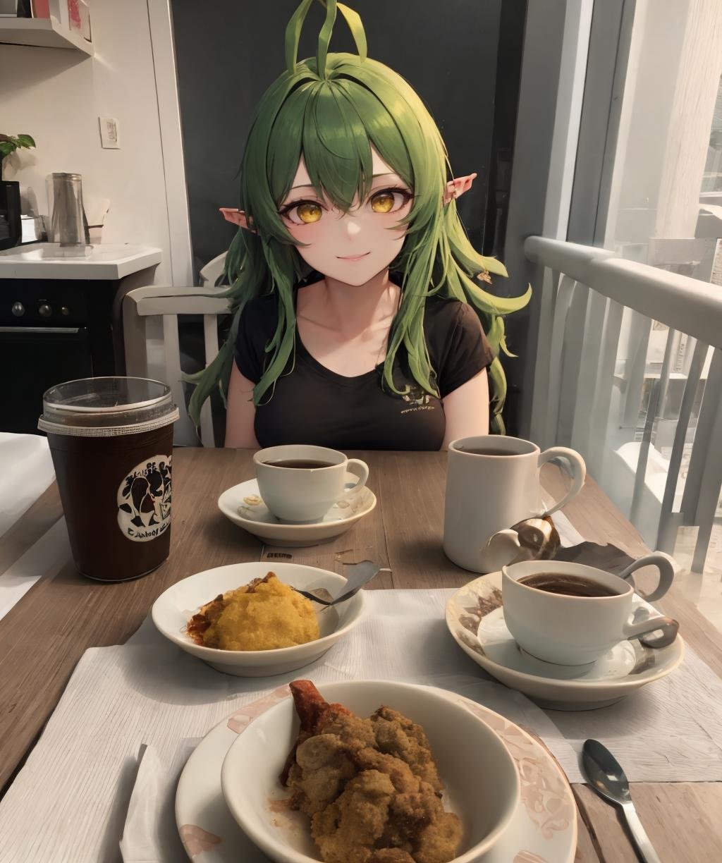 masterpiece, best quality, absurdres, detailed, ultra-detailed, photo background, gavial, 1girl, green hair, yellow eyes, pointy ears, looking at viewer, smile, sitting, food, solo focus, cup, pov, chair, table, teacup, out of frame, mug, coffee, <lora:fictional-cosmetics-10:1> <lora:Gavial:1> 