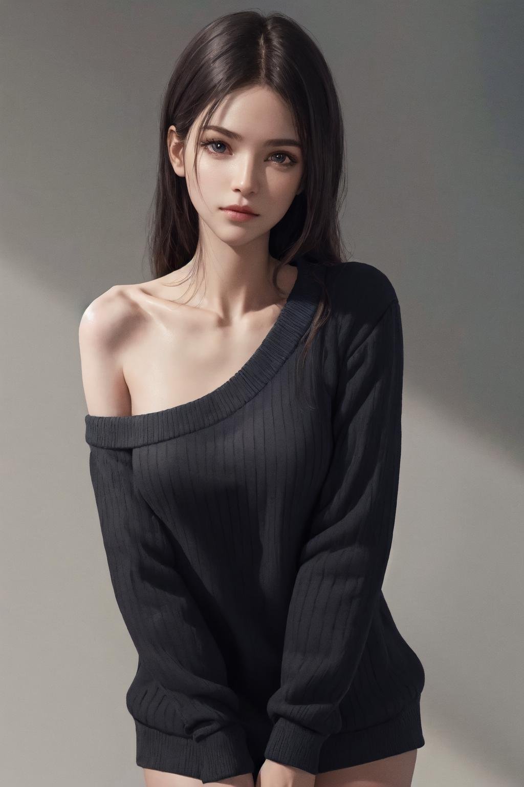 masterpiece, best quality, highres, 1girl single bare shoulder, ribbed sweater, photorealistic<lora:single_bare_shoulder_24re_d16:1>