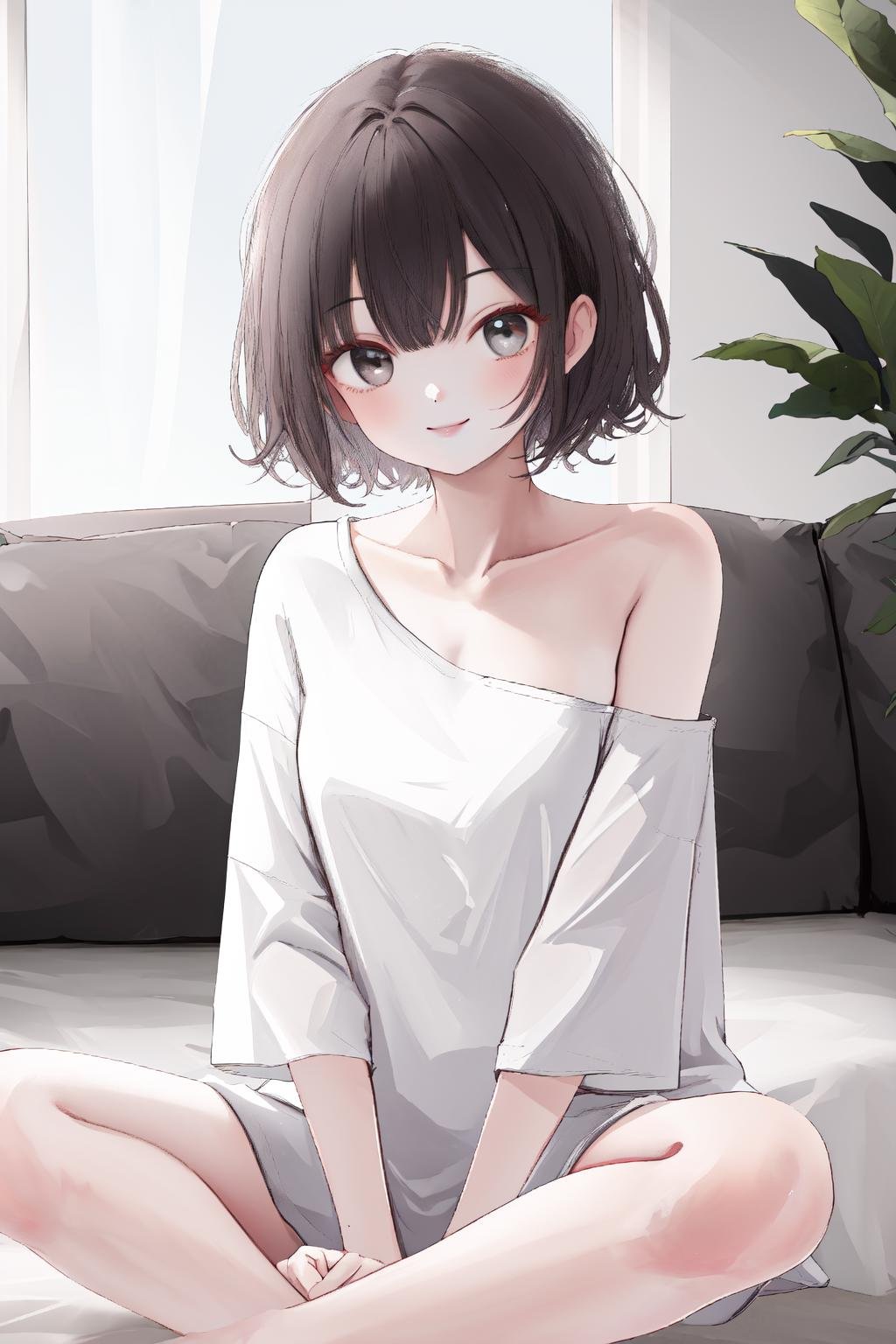 masterpiece, best quality, highres, 1girl single bare shoulder shirt, sitting, smile<lora:single_bare_shoulder_24re_d16:1>