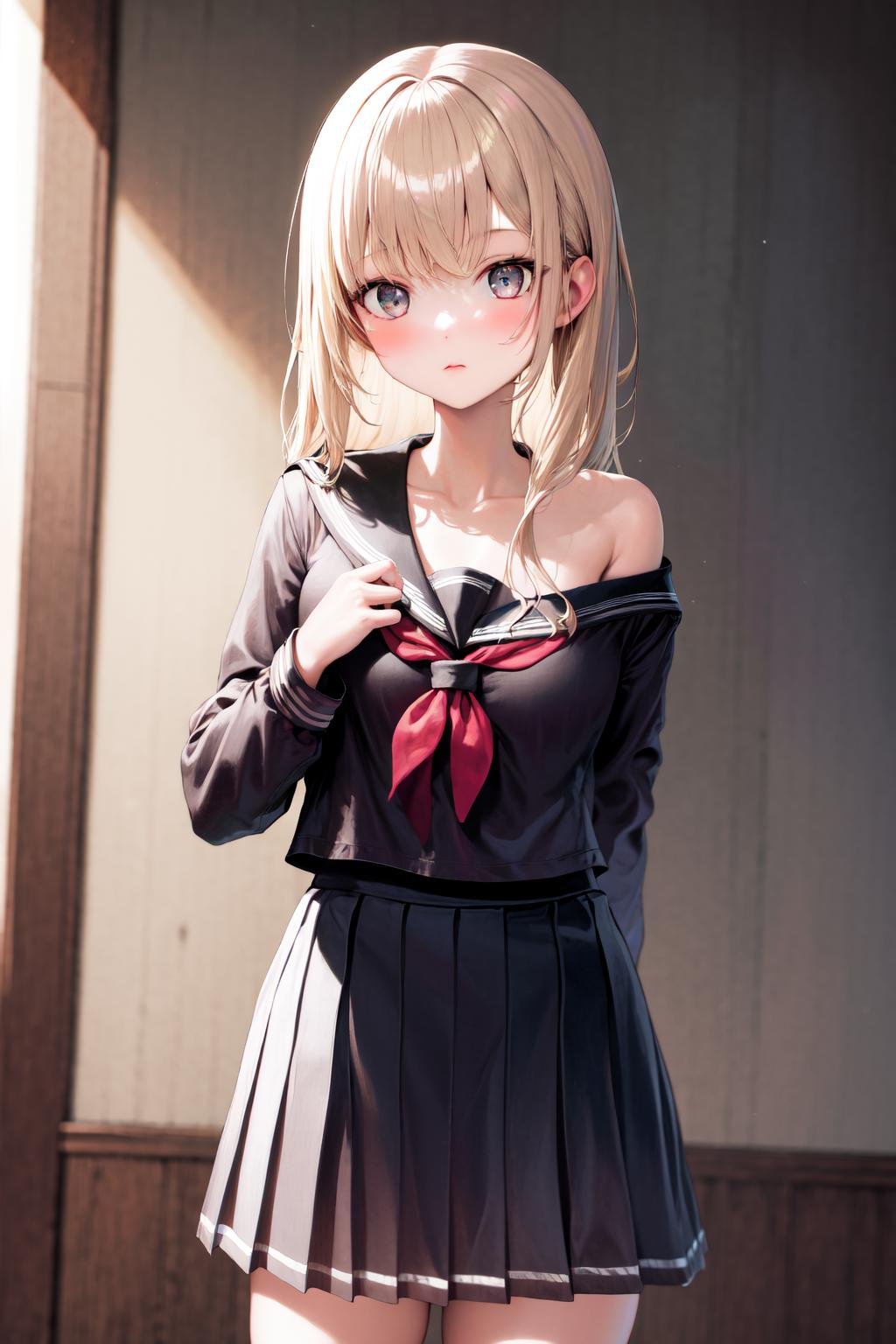 masterpiece, best quality, highres, 1girl single bare shoulder, serafuku, school uniform, pleated skirt <lora:single_bare_shoulder_24re_d16:1>