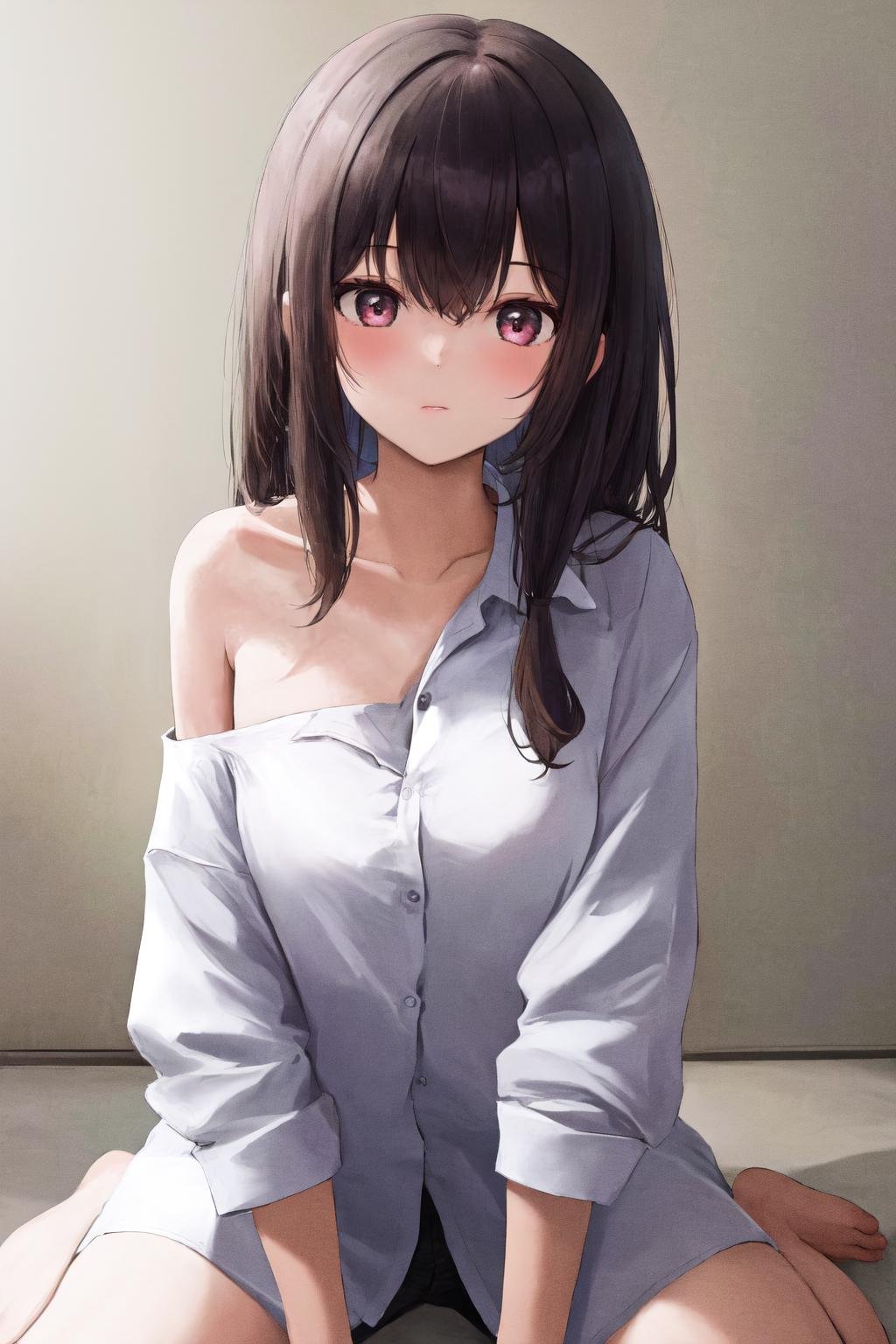 masterpiece, best quality, highres, 1girl single bare shoulder, white shirt, collared shirt, wariza<lora:single_bare_shoulder_24re_d16:1>