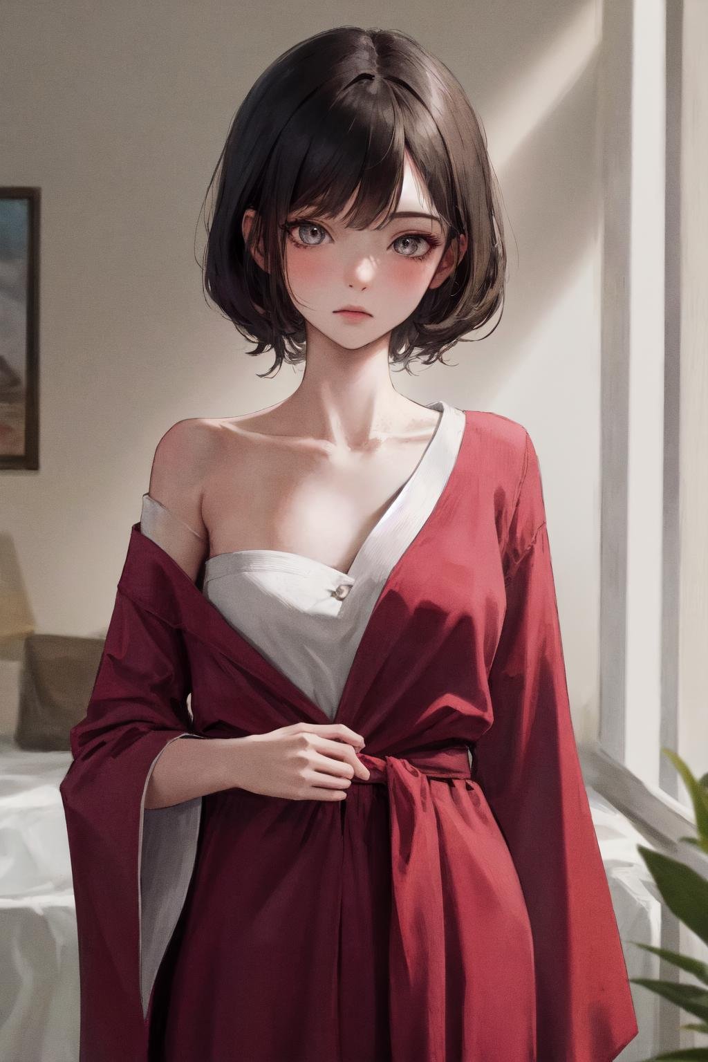 masterpiece, best quality, highres, 1girl single bare shoulder, kimono<lora:single_bare_shoulder_24re_d16:1>