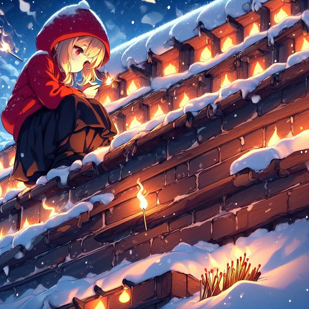 2d illustration,  fairy tales,  anime style,  full body,  (from below),  (((lit match fall from sky:1.2))),  very poor,  very cold,  ((squat on rooftop)),  (((night town))),  red hooded jacket,  (black long skirt:1.05),  holding basket,  little girl head down,  (((countless lit match on snow))),  blond twintail,<lora:EMS-178603-EMS:1.000000>