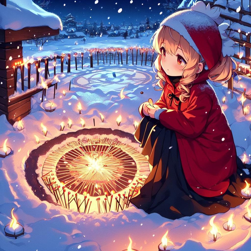 2d illustration,  fairy tales,  anime style,  full body,  Snowing,  (((ritual circle:1.4))),  very poor,  very cold,  ((squat on ground)),  (((night town))),  red hooded jacket,  black long skirt,  holding basket,  little girl head down,  (((countless lit match on snow))),  blond twintail,<lora:EMS-178603-EMS:1.000000>