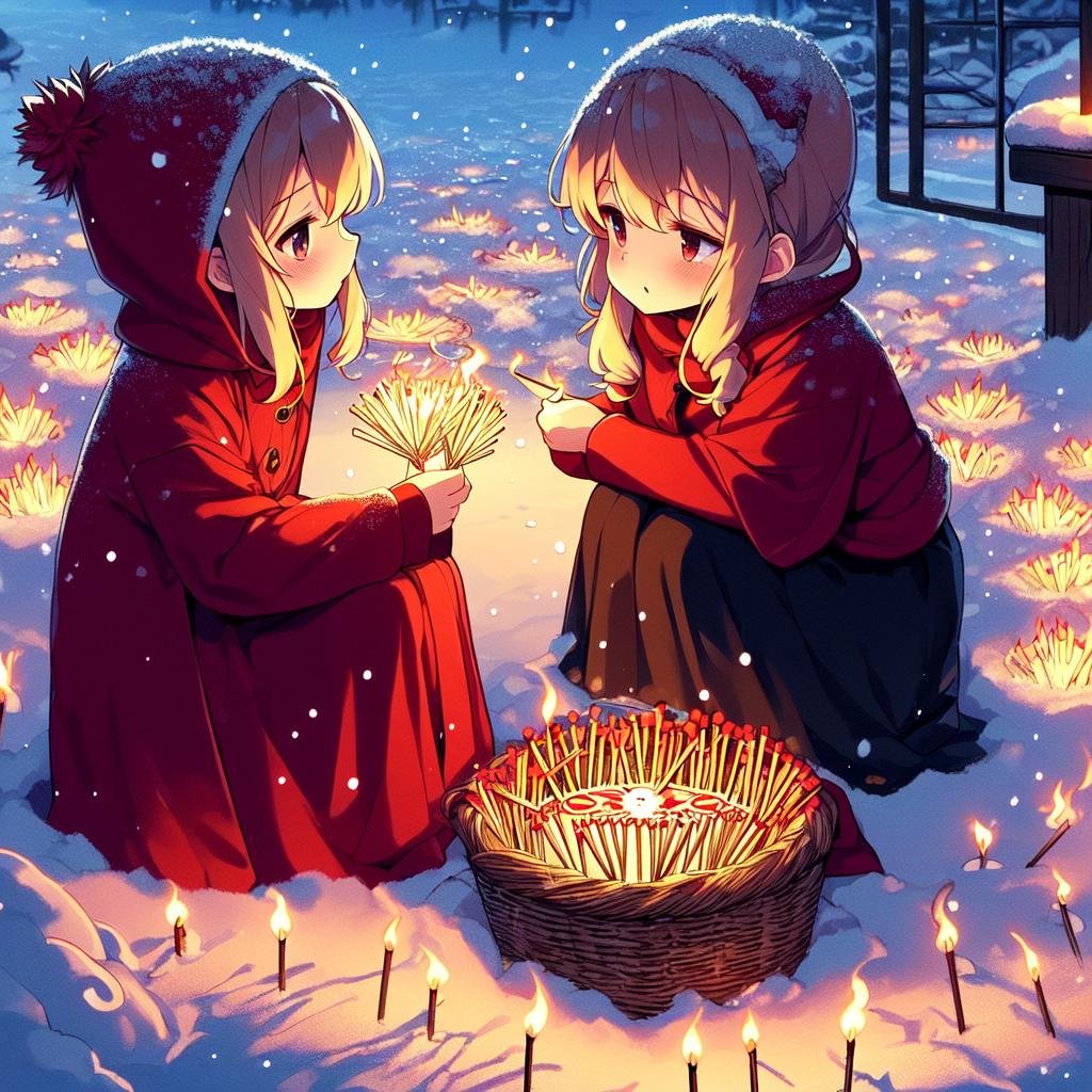 2d illustration,  fairy tales,  anime style,  full body,  Snowing,  (((ritual circle:1.4))),  very poor,  very cold,  ((squat on ground)),  (((night town))),  red hooded jacket,  black long skirt,  holding basket,  little girl head down,  (((countless lit match on snow))),  beautiful longhair,<lora:EMS-178603-EMS:1.000000>