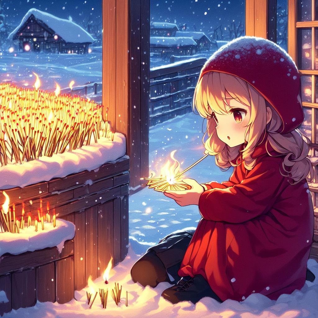 2d illustration,  fairy tales,  anime style,  full body,  Snowing,  (((ritual circle))),  very poor,  very cold,  ((squat on ground)),  (((night town))),  red hooded jacket,  holding basket,  little girl head down,  (((countless lit match on snow))),  beautiful longhair,<lora:EMS-178603-EMS:1.000000>