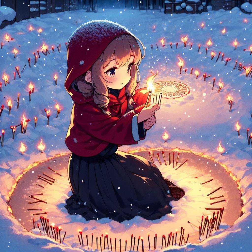 2d illustration,  fairy tales,  anime style,  full body,  Snowing,  (((ritual circle:1.4))),  very poor,  very cold,  ((squat on ground)),  (((night town))),  red hooded jacket,  black long skirt,  holding basket,  little girl head down,  (((countless lit match on snow))),  beautiful longhair,<lora:EMS-178603-EMS:1.000000>