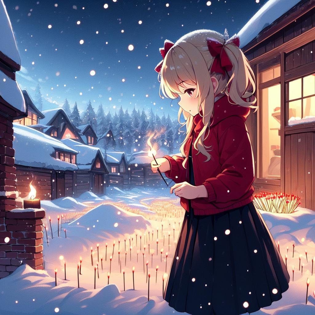 1girl,  lit match,  head down,  blond twintail,  red hooded jacket,  black long skirt,  basket,  night town,  snowing,  ritual circle,<lora:EMS-178603-EMS:1.000000>