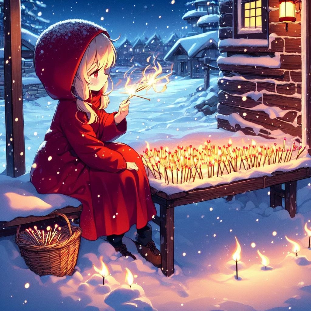 2d illustration,  fairy tales,  anime style,  full body,  Snowing,  very poor,  very cold,  sit on ground,  (((night town))),  red hooded jacket,  holding basket,  little girl head down,  (((countless lit match on snow))),  beautiful longhair,<lora:EMS-178603-EMS:1.000000>