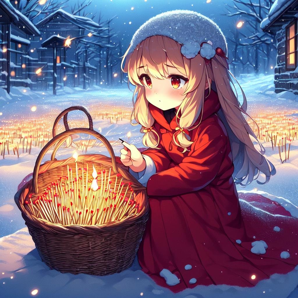 2d illustration,  fairy tales,  anime style,  full body,  Snowing,  very poor,  very cold,  sit on ground,  (((night town))),  red hooded jacket,  holding basket,  little girl head down,  (((lit match on snow))),  beautiful longhair,<lora:EMS-178603-EMS:1.000000>