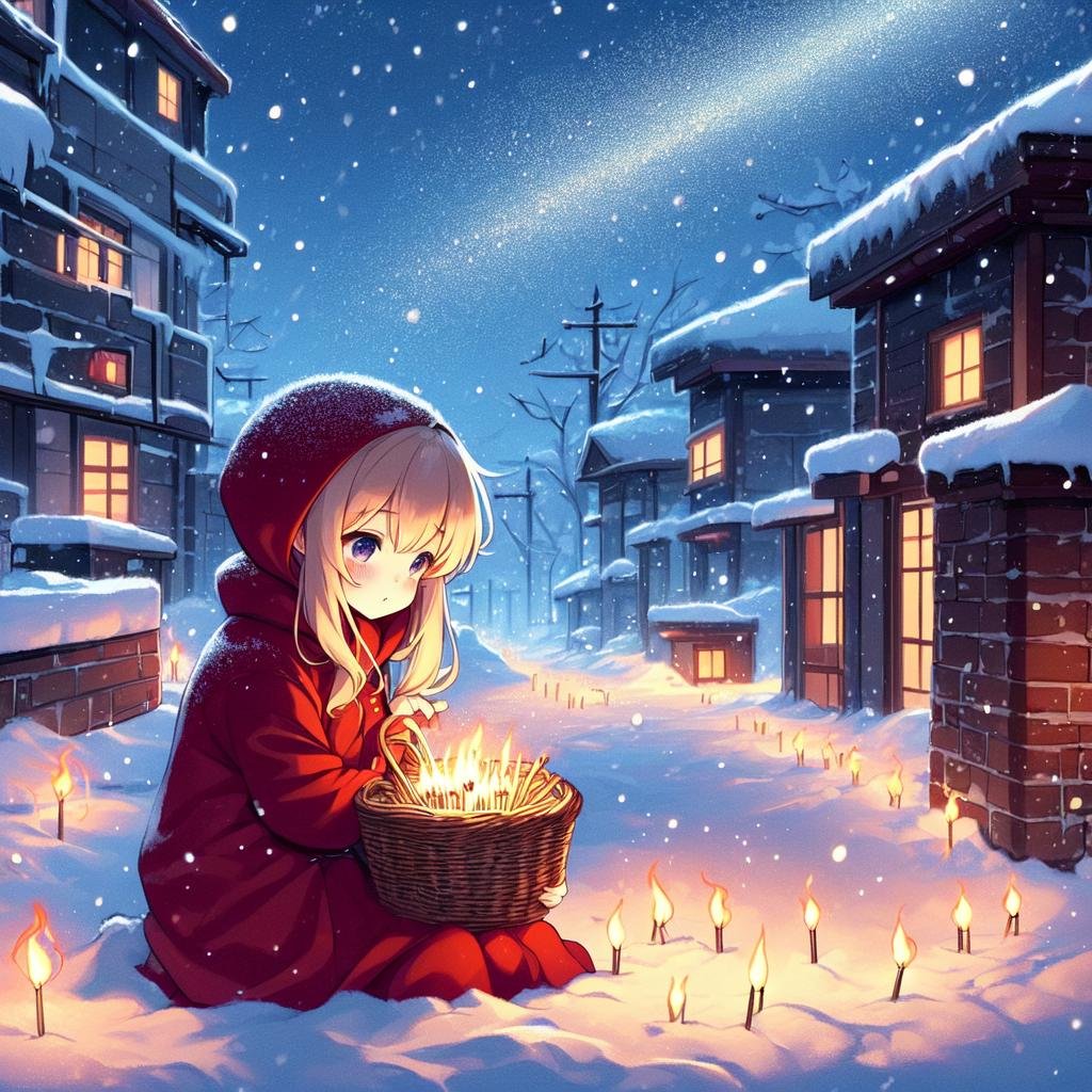 2d illustration,  fairy tales,  anime style,  full body,  Snowing,  very poor,  very cold,  sit on ground,  (((night town))),  red hooded jacket,  holding basket,  little girl head down very close countless lit match on snow,  beautiful longhair,<lora:EMS-178603-EMS:1.000000>