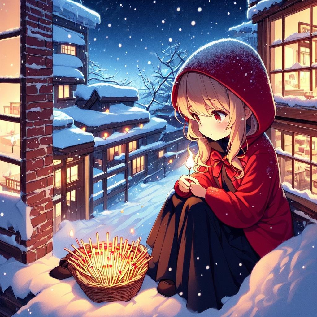 2d illustration,  fairy tales,  anime style,  full body,  Snowing,  very poor,  very cold,  (sit on rooftop),  (((night town))),  red hooded jacket,  holding basket,  little girl head down,  (((lit match on snow))),  beautiful longhair, lit match,<lora:EMS-178603-EMS:1.000000>