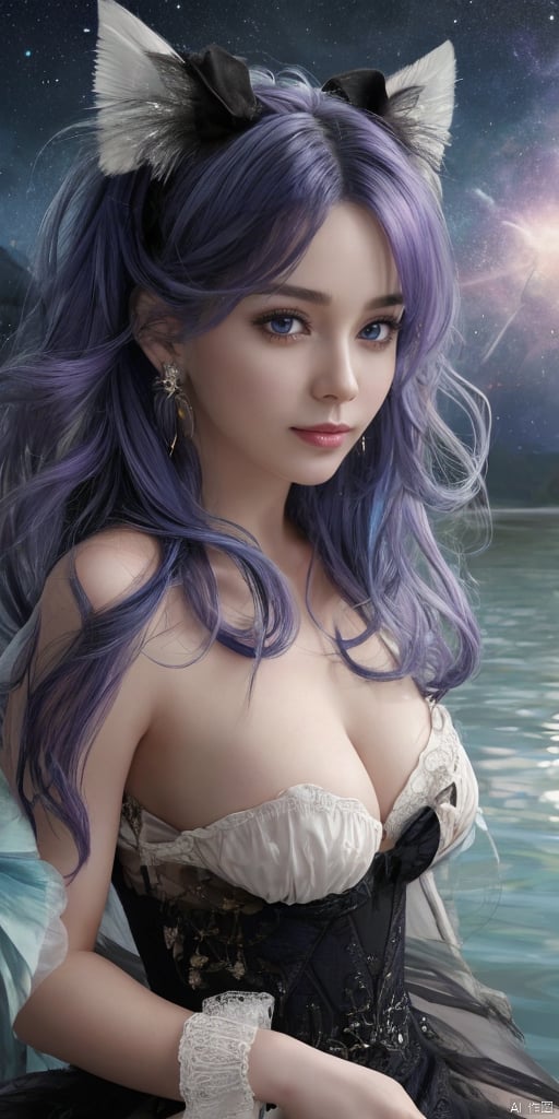  1girl, dance, Fairy, crystal, jewels,black, Crystal clear,solo, long hair, looking at viewer,black hair,jewelry, earrings,lips, makeup, portrait, eyeshadow, realistic, nose,{{best quality}}, {{masterpiece}}, {{ultra-detailed}}, {illustration}, {detailed light}, {an extremely delicate and beautiful}, a girl, {beautiful detailed eyes}, stars in the eyes, messy floating hair, colored inner hair, Starry sky adorns hair, depth of field, large breasts,cleavage,zj,

long hair, smile, blue eyes, multiple girls, hair ornament, 1boy, holding, 2girls, animal ears, sitting, blue hair, purple eyes, ponytail, purple hair, water, book, fur trim, lantern, paper, scroll