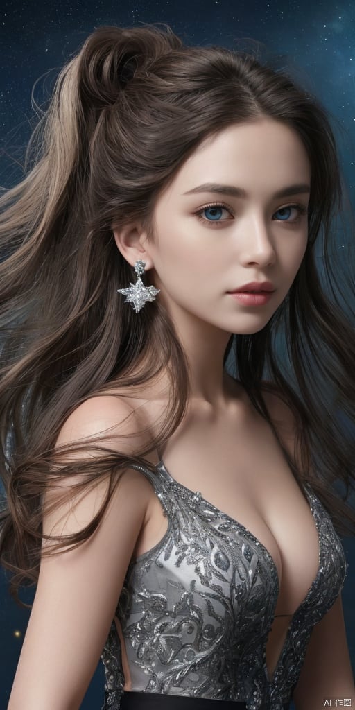  1girl, dance, Fairy, crystal, jewels,black, Crystal clear,solo, long hair, looking at viewer,black hair,jewelry, earrings,lips, makeup, portrait, eyeshadow, realistic, nose,{{best quality}}, {{masterpiece}}, {{ultra-detailed}}, {illustration}, {detailed light}, {an extremely delicate and beautiful}, a girl, {beautiful detailed eyes}, stars in the eyes, messy floating hair, colored inner hair, Starry sky adorns hair, depth of field, large breasts,cleavage,zj,

long hair, blue eyes, multiple girls, brown hair, hair ornament, dress, 2girls, bare shoulders, very long hair, standing, ponytail, flower, grey hair, petals, floating, pillar