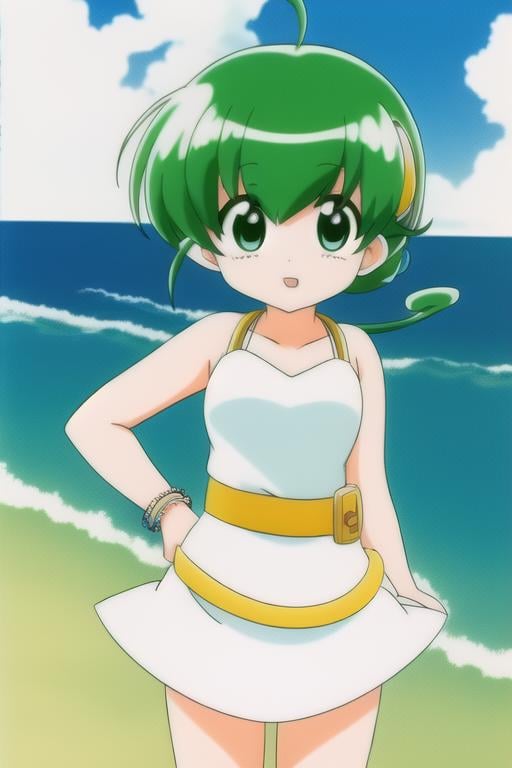 <lora:hiiragi_rokuna-06:0.7>, hiiragi rokuna,1girl, solo, white dress, hairclip, belt, green hair, parody, casual, 8k, masterpiece, absurdres, anime, in bikini, playing on a beach