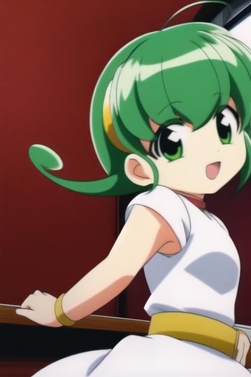 <lora:hiiragi_rokuna-06:0.7>, hiiragi rokuna,1girl, solo, white dress, hairclip, belt, green hair, parody, casual, 8k, masterpiece, absurdres, anime, running 