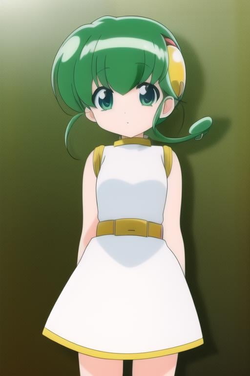 <lora:hiiragi_rokuna-06:0.7>, hiiragi rokuna,1girl, solo, white dress, hairclip, belt, green hair, parody, arms behind back, casual, 8k, masterpiece, absurdres, anime,