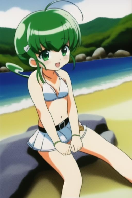 <lora:hiiragi_rokuna-06:0.7>, hiiragi rokuna,1girl, solo, white dress, hairclip, belt, green hair, parody, casual, 8k, masterpiece, absurdres, anime, in bikini, playing on a beach, (((bikini)))