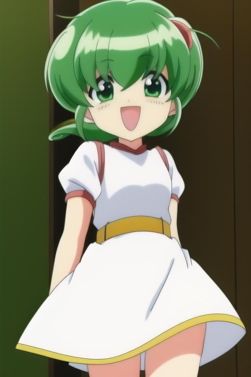 <lora:hiiragi_rokuna-06:0.7>, hiiragi rokuna,1girl, solo, white dress, hairclip, belt, green hair, parody, casual, 8k, masterpiece, absurdres, anime, happy face