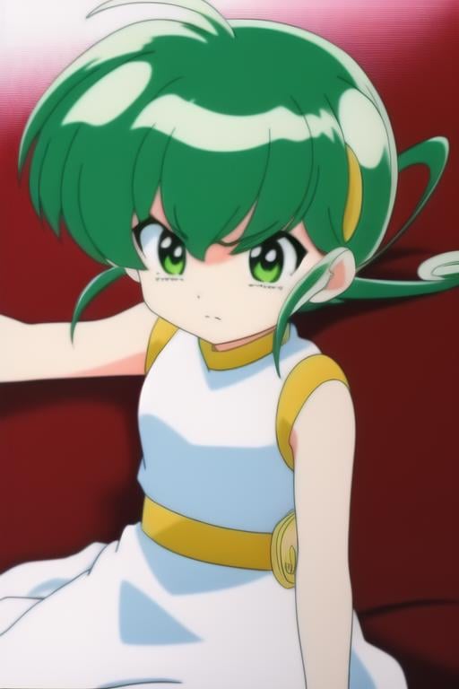 <lora:hiiragi_rokuna-06:0.7>, hiiragi rokuna,1girl, solo, white dress, hairclip, belt, green hair, parody, casual, 8k, masterpiece, absurdres, anime, angry face