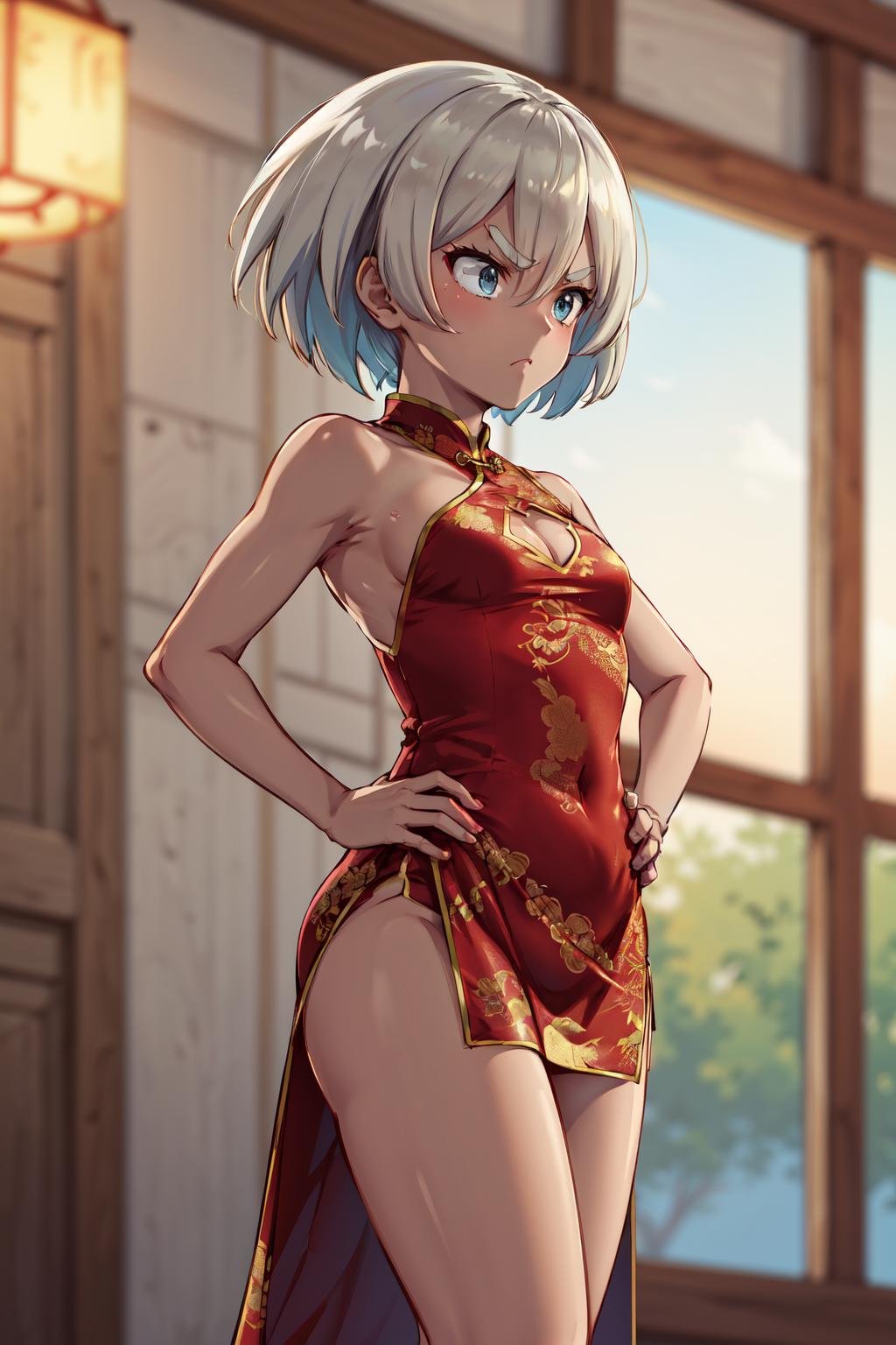 masterpiece,best quality,highres,ultra-detailed,aabea,dark skin,short hair,hair between eyes,eyelashes,<lora:bea_(pokemon):0.7>,bare shoulders,china dress,chinese clothes,short dress,cleavage cutout,sideboob,thighs,hands_on_hips,(furrowed_brow:1.2),indoors,front view,from_below,