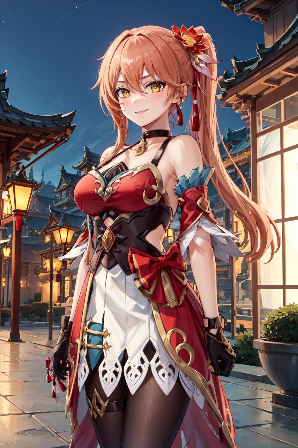 masterpiece,best quality,highres,ultra-detailed,guinaifen,long hair,side ponytail,bangs,hair between eyes,earrings,black choker,hair flower,chinese clothes,bare shoulders,dress,red dress,sleeveless,detached sleeves,fingerless gloves,white skirt,black pantyhose,thigh strap,boots,high heels,black footwear,<lora:guinaifen_(honkai_star_rail):0.8>,outdoors,cowboy shot,smile,standing,