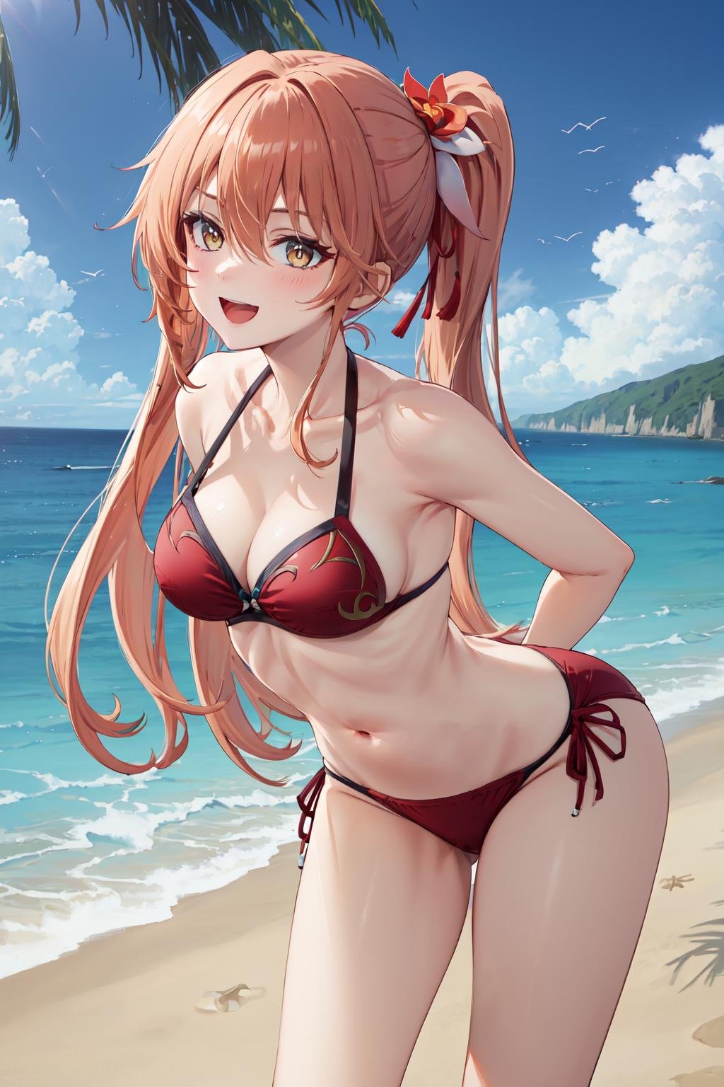 masterpiece,best quality,highres,ultra-detailed,guinaifen,long hair,side ponytail,bangs,hair between eyes,<lora:guinaifen_(honkai_star_rail):0.7>,beach,:d,arms_behind_back,leaning_forward,bikini,