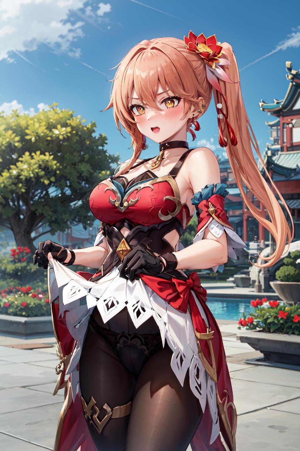 masterpiece,best quality,highres,ultra-detailed,guinaifen,long hair,side ponytail,bangs,hair between eyes,earrings,black choker,hair flower,chinese clothes,bare shoulders,dress,red dress,sleeveless,detached sleeves,fingerless gloves,white skirt,black pantyhose,thigh strap,boots,high heels,black footwear,<lora:guinaifen_(honkai_star_rail):0.8>,i(skirt lift:1.2),(pants over pantyhose:1.2),(blush:1.2),(embarrass:1.4),outdoors,garden,lace-trimmed panties,