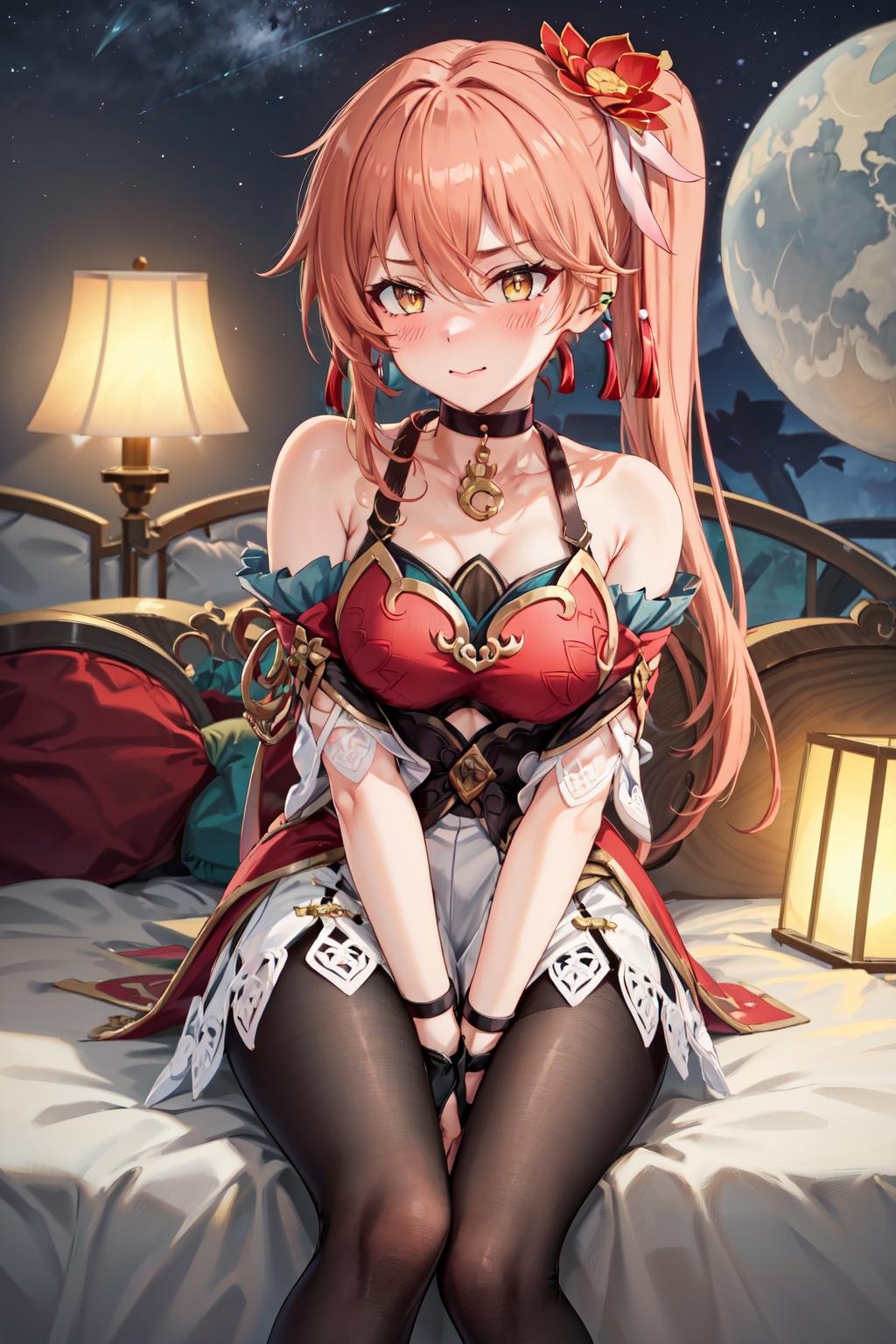 masterpiece,best quality,highres,ultra-detailed,guinaifen,long hair,side ponytail,bangs,hair between eyes,earrings,black choker,hair flower,chinese clothes,bare shoulders,dress,red dress,sleeveless,detached sleeves,fingerless gloves,white skirt,black pantyhose,thigh strap,boots,high heels,black footwear,<lora:guinaifen_(honkai_star_rail):0.8>,indoors,sitting,bed,(blush:1.2),(embarrass:1.4),night,(hand between legs:1.4),