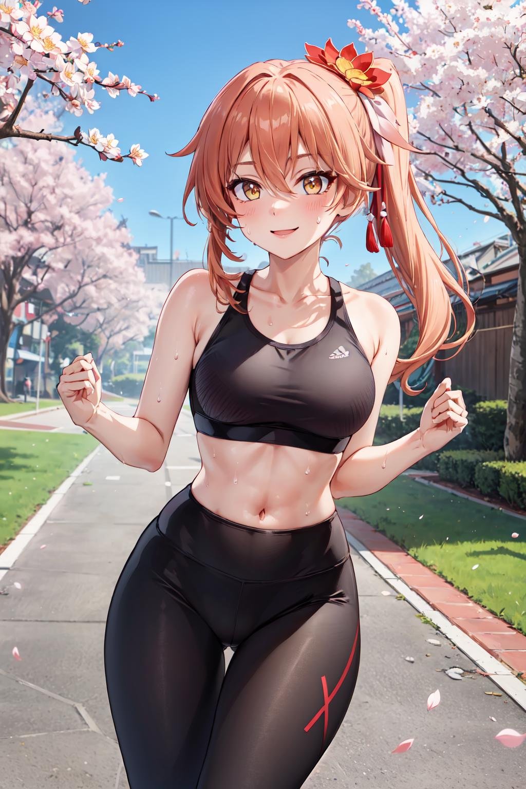 masterpiece,best quality,highres,ultra-detailed,guinaifen,long hair,side ponytail,bangs,hair between eyes,<lora:guinaifen_(honkai_star_rail):0.7>,sports bra,(leggings:1.2),outdoors,cherry blossoms,smile,sweat,running,ponytail,