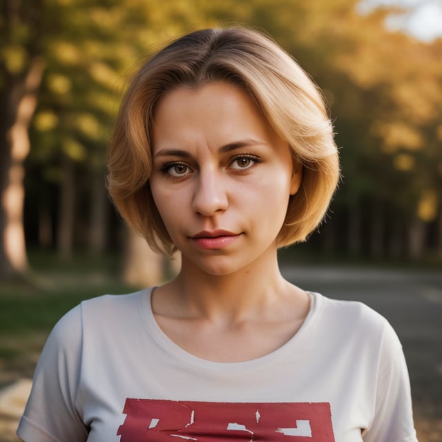 (highly detailed), (realistic), (photograph), 1 woman, light skin, grimace, alone, blonde hair, tied hair, upper body, looking at viewer, t-shirt, red t-shirt, outdoors, depth of field, blurred background, VaneL