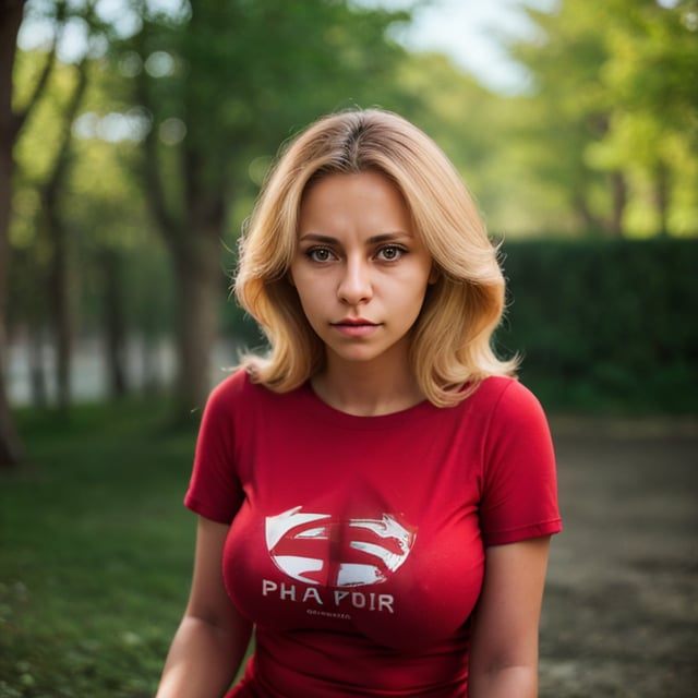 (very detailed), (realistic), (photography), 1 woman, light skin, grimace, alone, blonde hair, upper body, looking at viewer, t-shirt, red t-shirt, outdoors, depth of field, blurred background, , VaneL