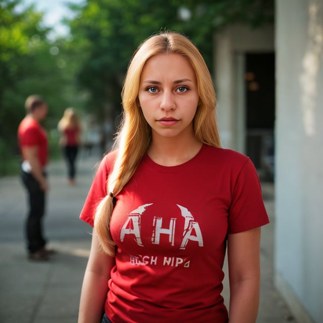 (very detailed), (realistic), (photograph), 1 woman, light skin, grimace, alone, blonde hair, long hair, upper body, looking at viewer, t-shirt, red t-shirt, outdoors, depth of field, blurred background, VaneL