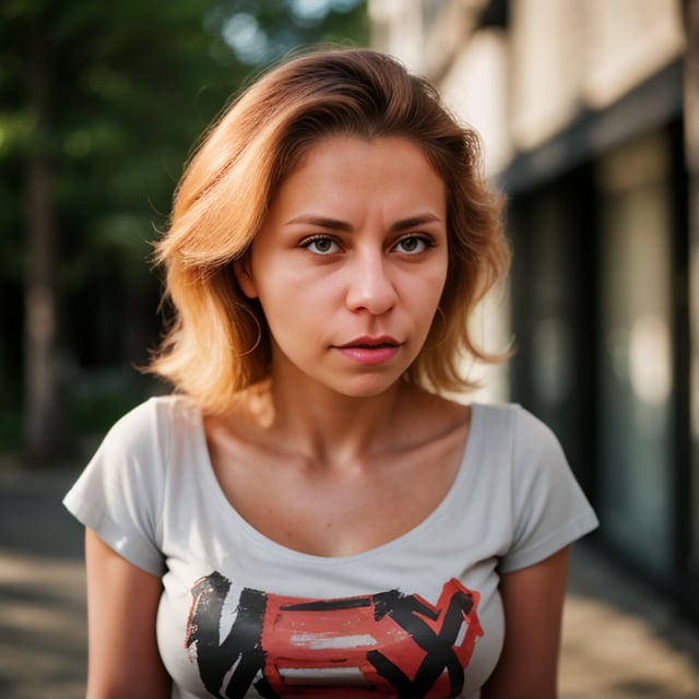 (very detailed), (ultra realistic), photography, 1 woman, light skin, grimace, alone, blonde hair, upper body, looking at viewer, t-shirt, red t-shirt, outdoors, depth of field, blurred background, , VaneL