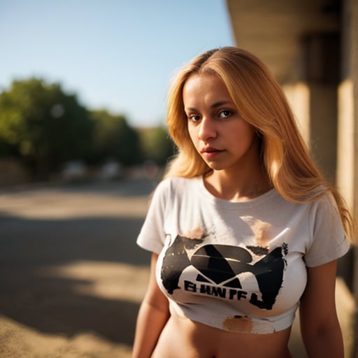 (highly detailed), (realistic), (photography), 1 woman, light skin, grimace, alone, blonde hair, long hair, full body, looking at viewer, t-shirt, torn t-shirt, outdoors, depth of field, blurred background , VaneL