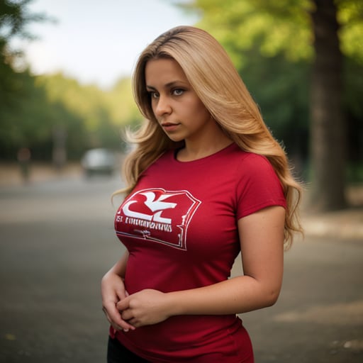 (highly detailed), (realistic), (photography), 1 woman, light skin, grimace, alone, blonde hair, long hair, full body, looking at viewer, t-shirt, red t-shirt, outdoors, depth of field, blurred background , VaneL