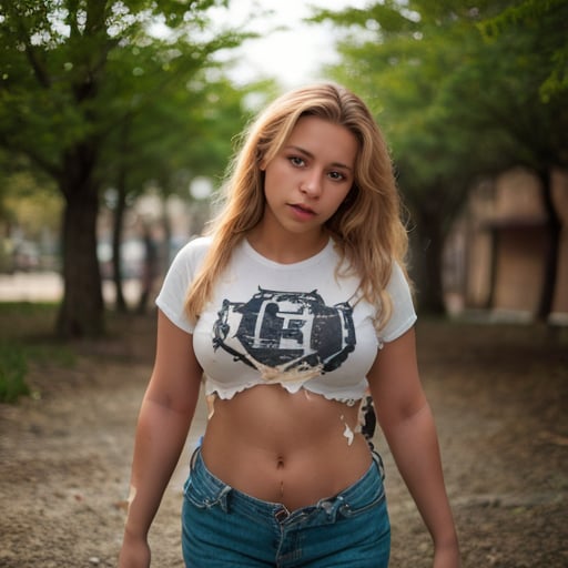 (highly detailed), (realistic), (photography), 1 woman, light skin, grimace, alone, blonde hair, long hair, full body, looking at viewer, t-shirt, torn t-shirt, outdoors, depth of field, blurred background , VaneL