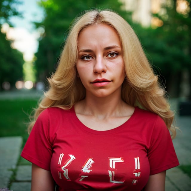 (very detailed), (realistic), (photograph), 1 woman, light skin, grimace, alone, blonde hair, long hair, upper body, looking at viewer, t-shirt, red t-shirt, outdoors, depth of field, blurred background, VaneL