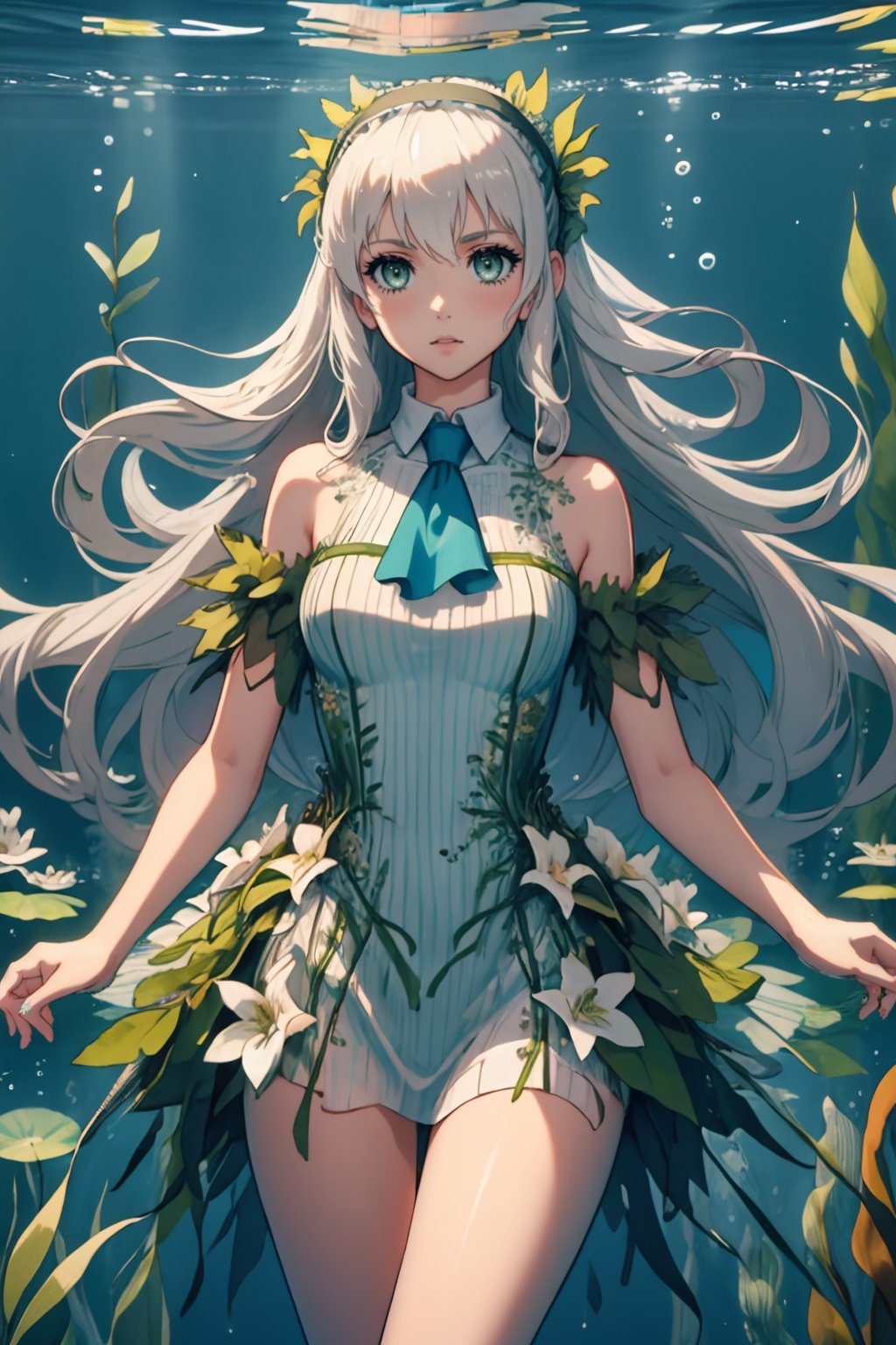 best quality, masterpiece, colorful, <lora:NSRusalka:1> NSRusalka, wearing NSRusalka, <lora:elie-nvwls-v2-zero:0.75> elie macdowell, green eyes, hairband, blue ascot, white hair, long hair, underwater