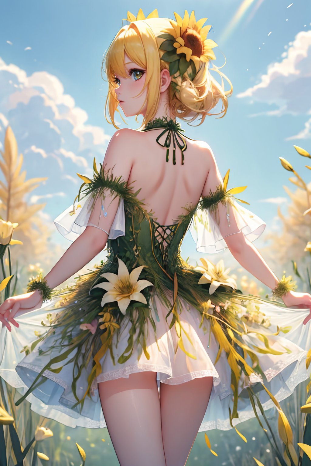 best quality, masterpiece, colorful, <lora:NSRusalka:1> NSRusalka, wearing NSRusalka, 1girl, from behind, yellow hair, looking back, yellow eys, sunny day, bright, grass fields