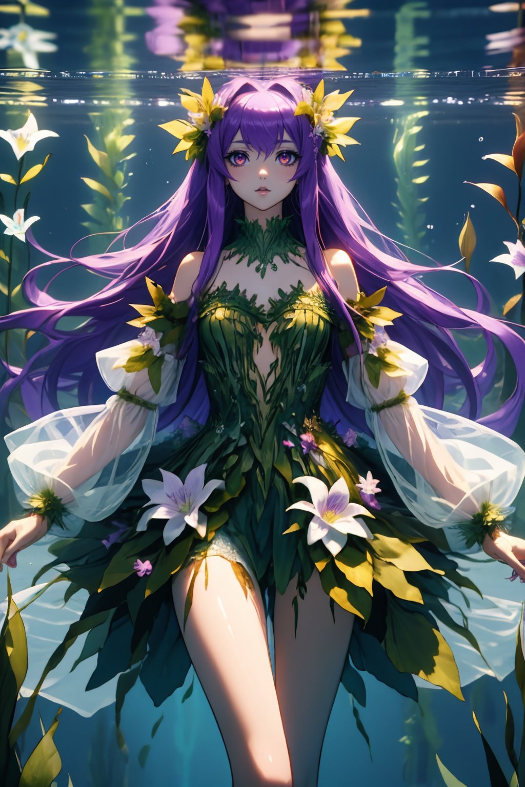 best quality, masterpiece, colorful, <lora:NSRusalka:1> NSRusalka, wearing NSRusalka, 1girl, very long purple hair, glowing eyes, purple glow, under water, dimly lit