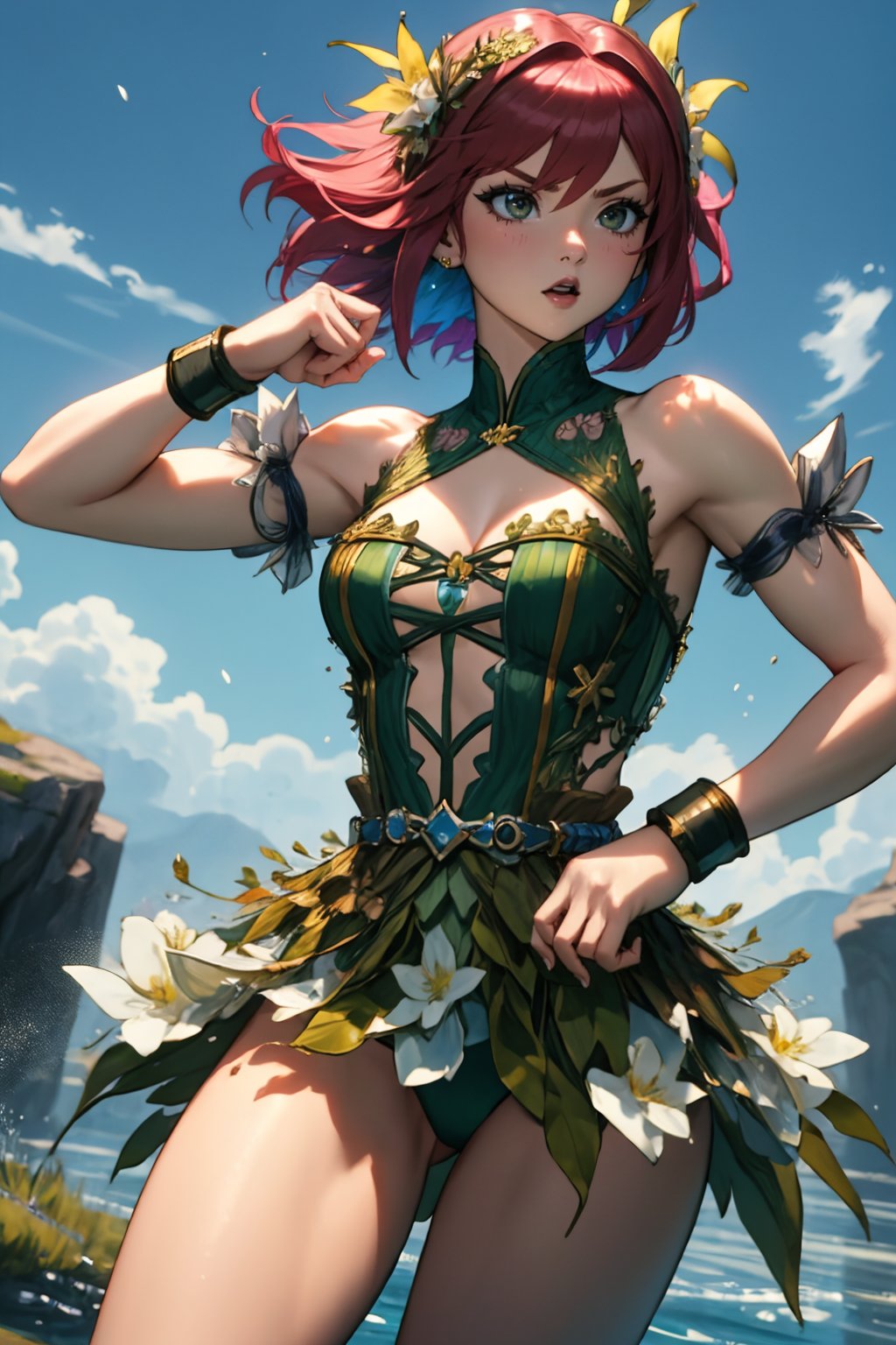 best quality, masterpiece, colorful, <lora:NSRusalka:0.85> NSRusalka, wearing NSRusalka, 1girl, muscular, short brown hair, fighting stance, fists