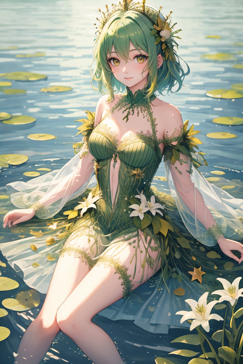 best quality, masterpiece, colorful, <lora:NSRusalka:0.9> NSRusalka, wearing NSRusalka, 1girl, green hair, medium hair, yellow eyes, medium breasts, lying, 3/4 view, lake background, slight smile