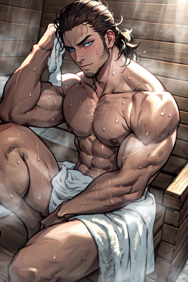 (human), (1 image only), solo male, Vasily Pavlichenko, Golden Kamuy, Russian, sniper, brown hair, blue eyes, sharp eyes, defined eyelashes, furrowed brow, wavy medium-length hair, bold sideburns, short and neat Shenandoah beard, topless, bottomless, (white towel, crotch covered by towel, hidden genitals:1,3), (bare chest, bare belly, bare shoulder, bare neck), sweaty skin, shiny skin, steamy, banya, sauna, handsome, charming, alluring, sitting, perfect anatomy, perfect proportions, 2d, anime, (best quality, masterpiece), (perfect eyes, perfect eye pupil), high_resolution, dutch angle, better_hands
