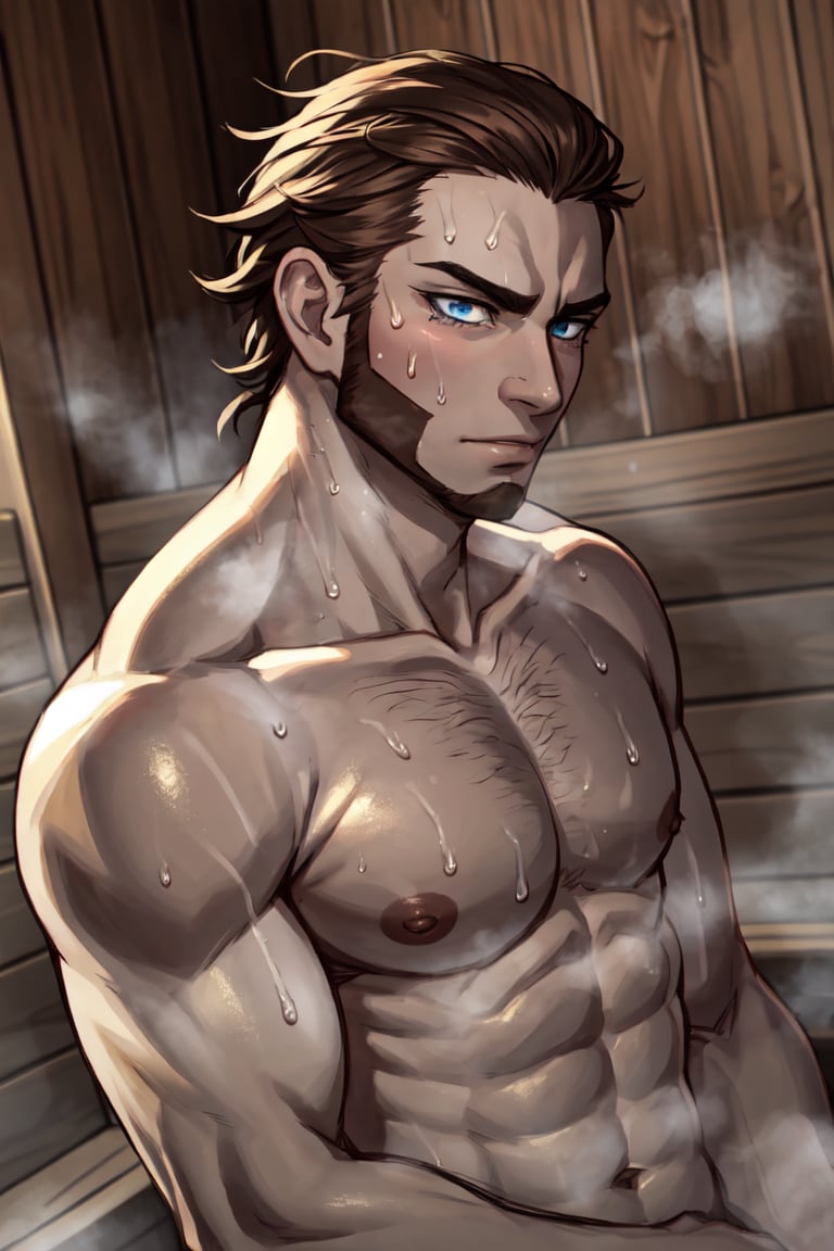 (human), (1 image only), solo male, Vasily Pavlichenko, Golden Kamuy, Russian, sniper, brown hair, blue eyes, sharp eyes, defined eyelashes, furrowed brow, wavy medium-length hair, bold sideburns, short and neat Shenandoah beard, complete nude, topless, bottomless, (white towel, hidden genitals), sweaty skin, shiny skin, steamy, banya, sauna, handsome, charming, alluring, standing, upper body in frame, perfect anatomy, perfect proportions, 2d, anime, (best quality, masterpiece), (perfect eyes, perfect eye pupil), high_resolution, dutch angle, better_hands,(1man),best quality